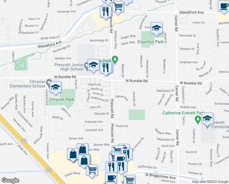 map of restaurants, bars, coffee shops, grocery stores, and more near 2800 Prescott Road in Modesto