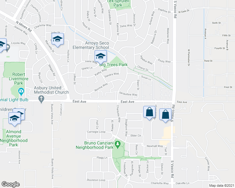 map of restaurants, bars, coffee shops, grocery stores, and more near 5665 Charlotte Way in Livermore
