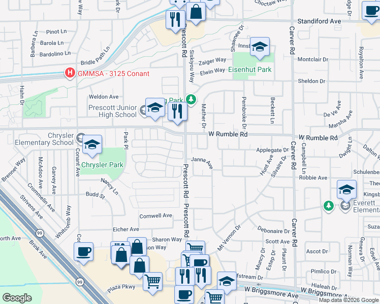 map of restaurants, bars, coffee shops, grocery stores, and more near 2616 Chester Drive in Modesto