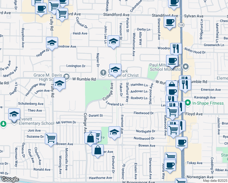 map of restaurants, bars, coffee shops, grocery stores, and more near 900 Parkside Court in Modesto