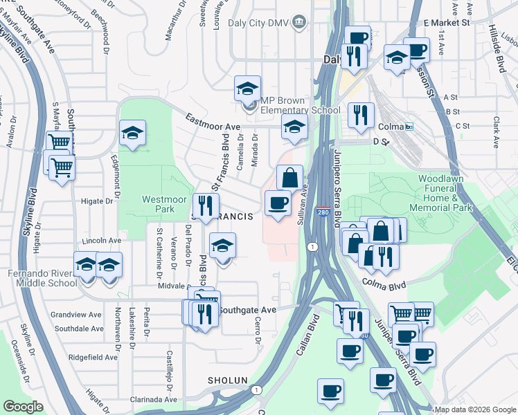 map of restaurants, bars, coffee shops, grocery stores, and more near 1900 Sullivan Avenue in Daly City
