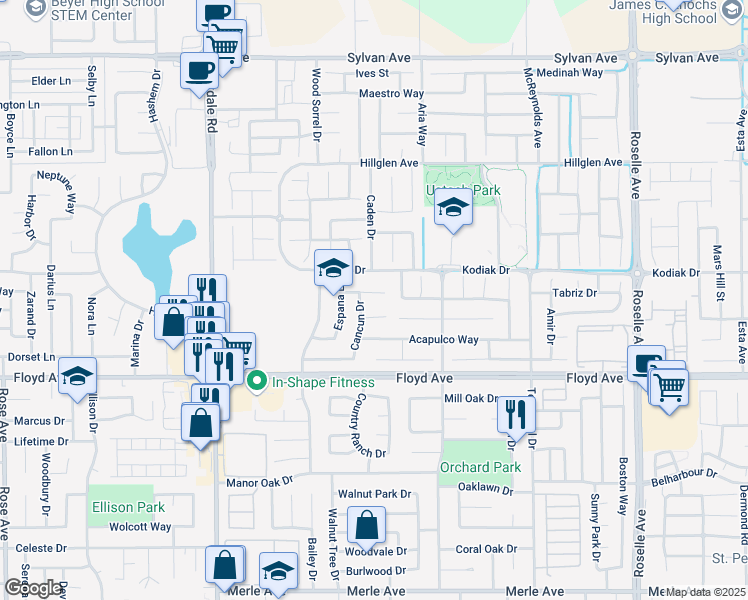 map of restaurants, bars, coffee shops, grocery stores, and more near 2504 Cancun Court in Modesto