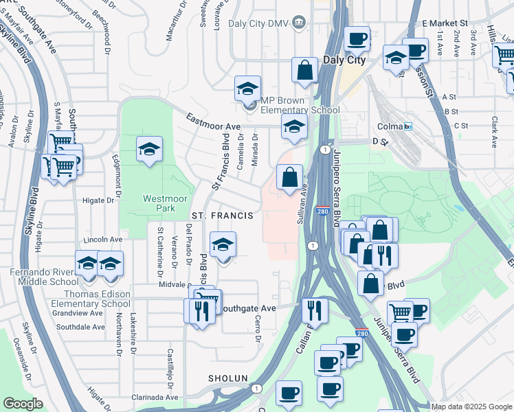 map of restaurants, bars, coffee shops, grocery stores, and more near 203 Alta Loma Avenue in Daly City