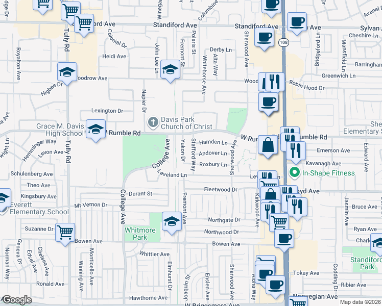 map of restaurants, bars, coffee shops, grocery stores, and more near 701 Roxbury Lane in Modesto
