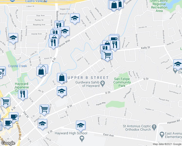 map of restaurants, bars, coffee shops, grocery stores, and more near 22670 Zaballos Court in Hayward