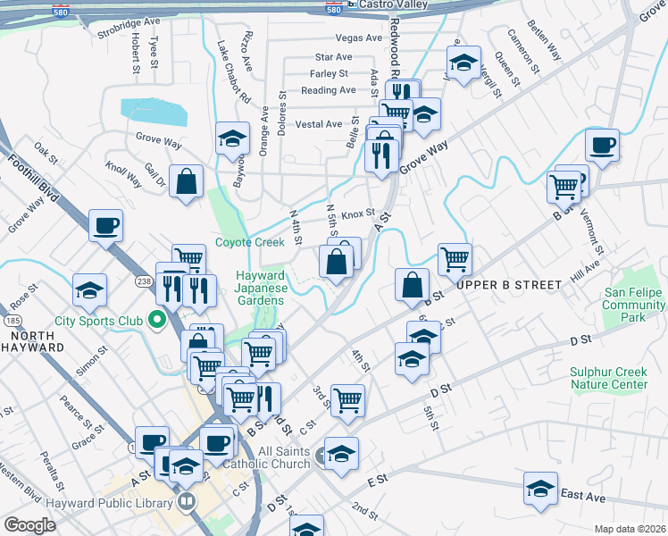 map of restaurants, bars, coffee shops, grocery stores, and more near 1500 A Street in Castro Valley