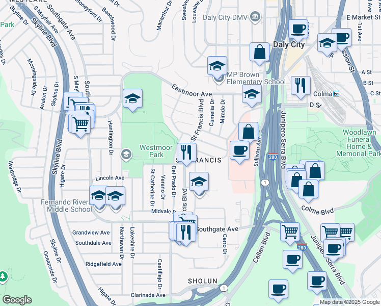 map of restaurants, bars, coffee shops, grocery stores, and more near 315 Saint Francis Boulevard in Daly City