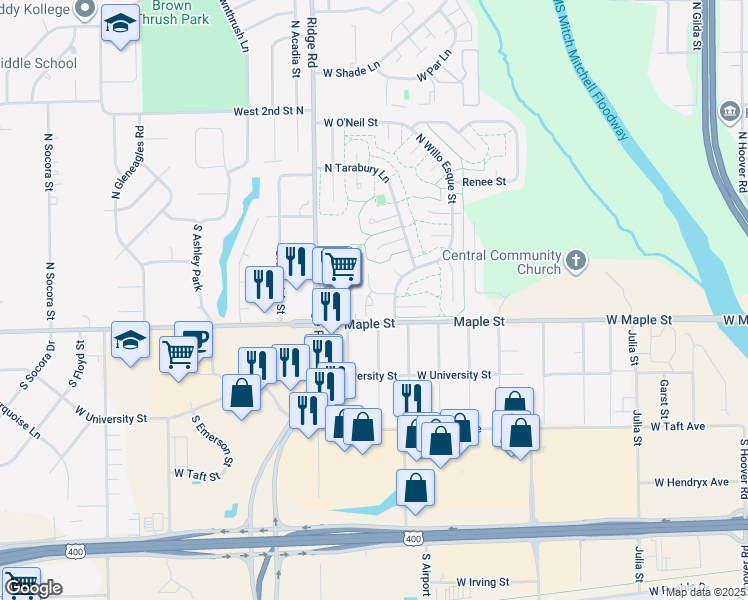 map of restaurants, bars, coffee shops, grocery stores, and more near 12 Maple Street in Wichita