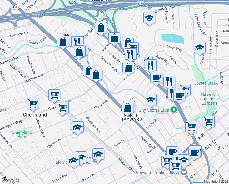 map of restaurants, bars, coffee shops, grocery stores, and more near 1015 Grove Way in Hayward