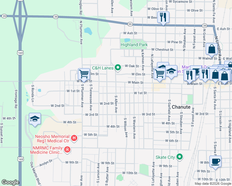 map of restaurants, bars, coffee shops, grocery stores, and more near 100 South Allen Avenue in Chanute