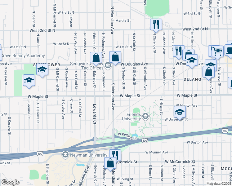 map of restaurants, bars, coffee shops, grocery stores, and more near in Wichita