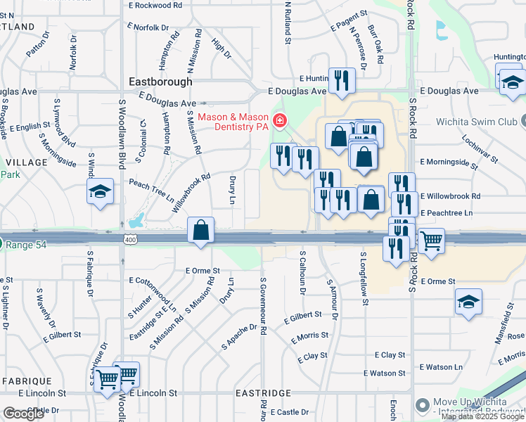 map of restaurants, bars, coffee shops, grocery stores, and more near 7202 East Kellogg Drive in Wichita