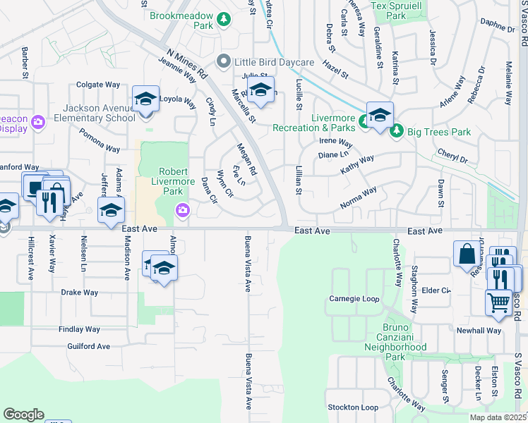 map of restaurants, bars, coffee shops, grocery stores, and more near 4927 Dana Court in Livermore