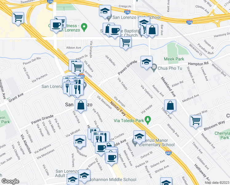 map of restaurants, bars, coffee shops, grocery stores, and more near 16071 Via Granada in San Lorenzo