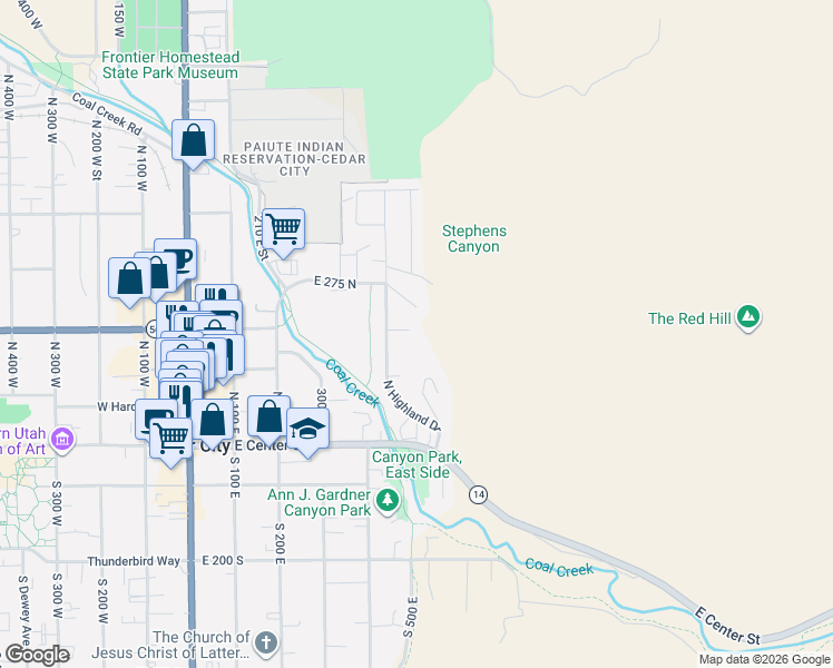 map of restaurants, bars, coffee shops, grocery stores, and more near 470 East Parkway Drive in Cedar City
