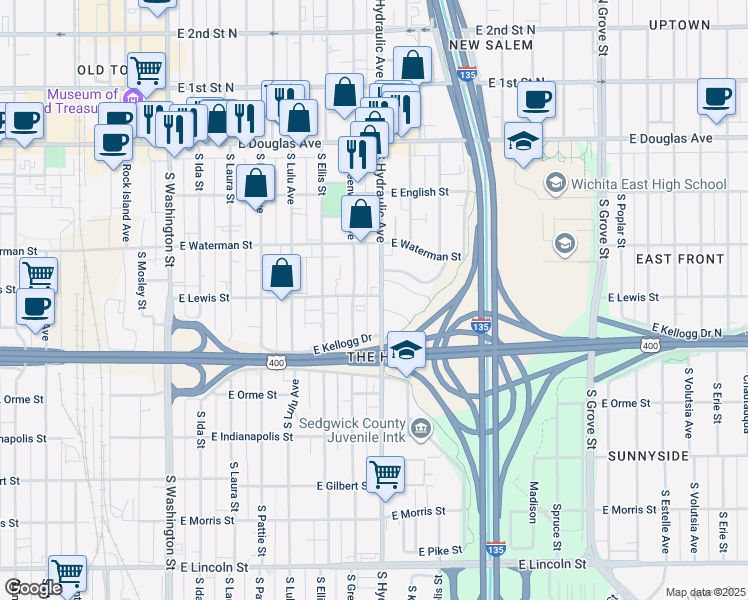 map of restaurants, bars, coffee shops, grocery stores, and more near in Wichita