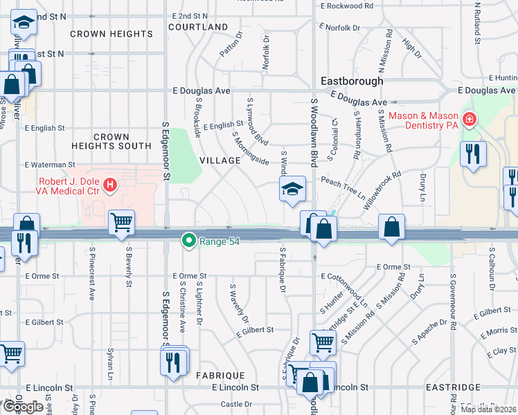map of restaurants, bars, coffee shops, grocery stores, and more near 403 Courtleigh Street in Wichita