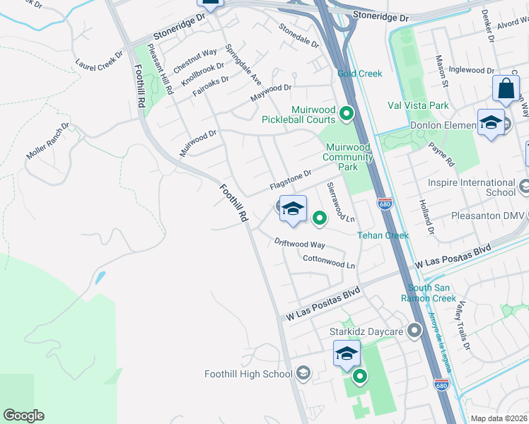 map of restaurants, bars, coffee shops, grocery stores, and more near 7819 Highland Oaks Drive in Pleasanton