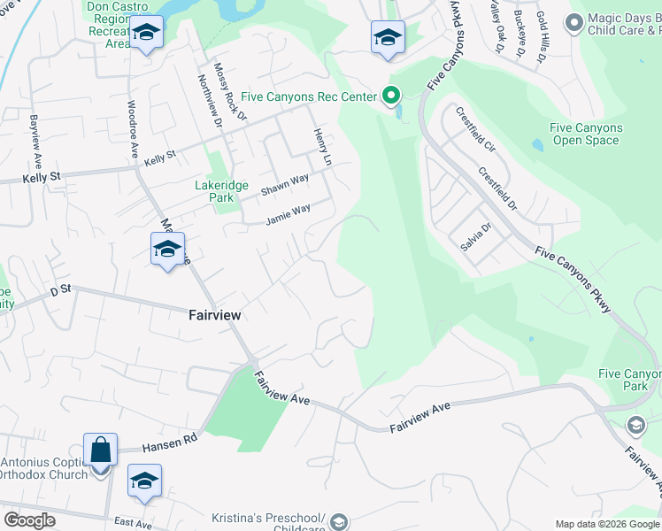 map of restaurants, bars, coffee shops, grocery stores, and more near 3439 D Street in Hayward