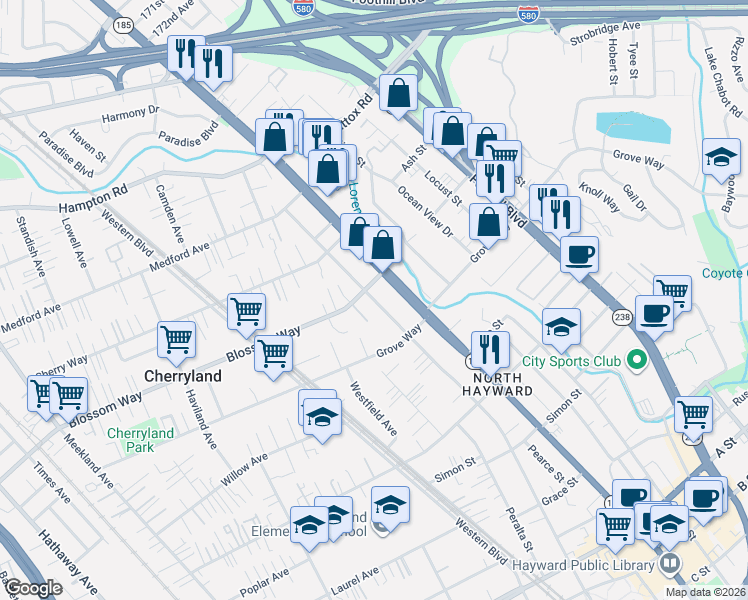 map of restaurants, bars, coffee shops, grocery stores, and more near 21270 Montgomery Avenue in Hayward