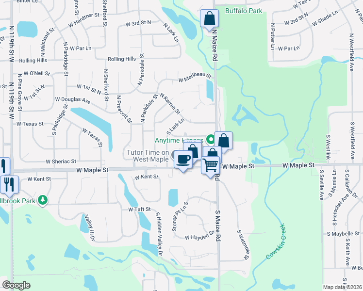 map of restaurants, bars, coffee shops, grocery stores, and more near 10708 West Texas Street in Wichita