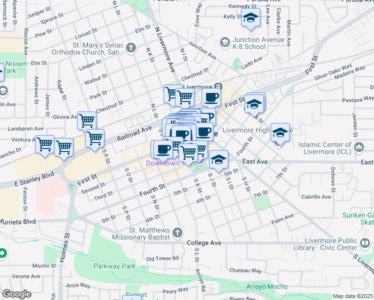 map of restaurants, bars, coffee shops, grocery stores, and more near 2106 First Street in Livermore