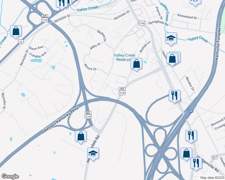 map of restaurants, bars, coffee shops, grocery stores, and more near 506 Vista Drive in Elizabethtown