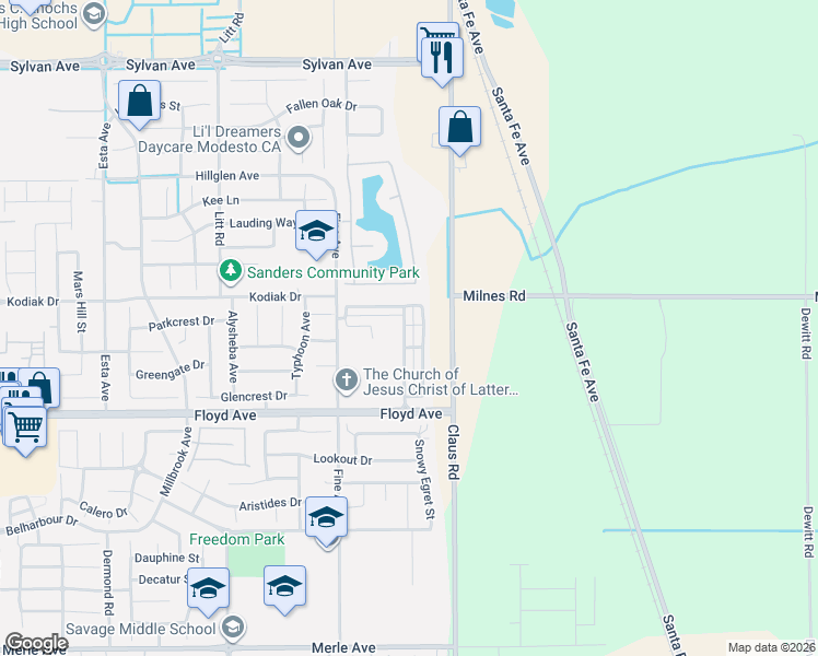 map of restaurants, bars, coffee shops, grocery stores, and more near 3945 Ruffed Grouse Lane in Modesto