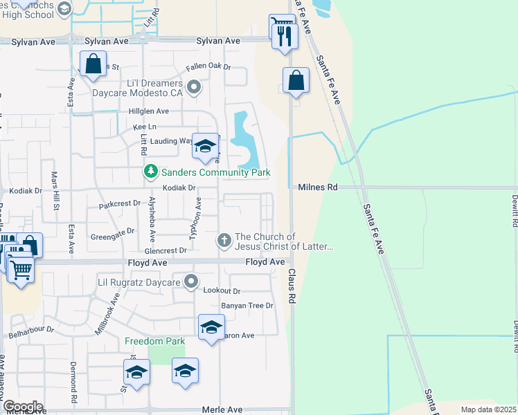 map of restaurants, bars, coffee shops, grocery stores, and more near 3909 Ruffed Grouse Lane in Modesto