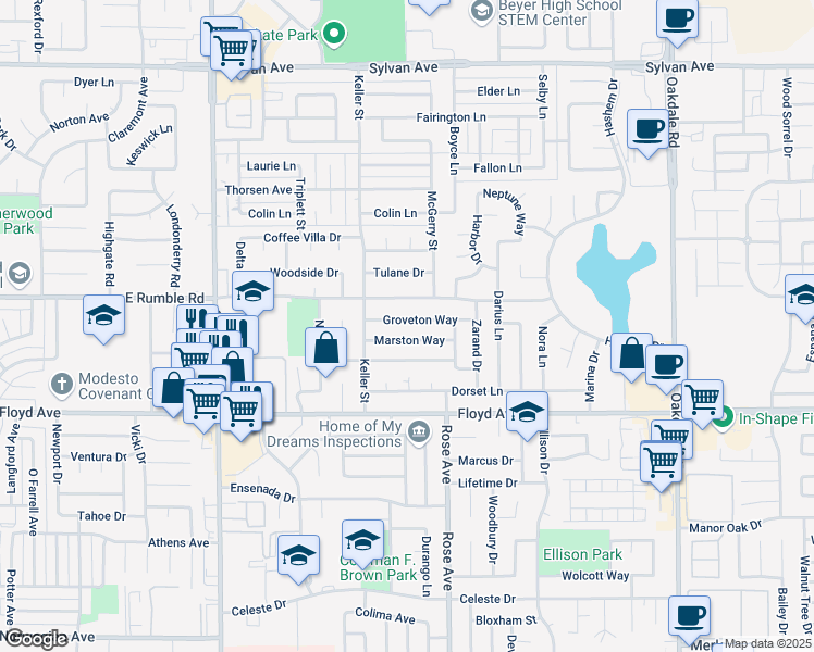 map of restaurants, bars, coffee shops, grocery stores, and more near 1614 East Rumble Road in Modesto