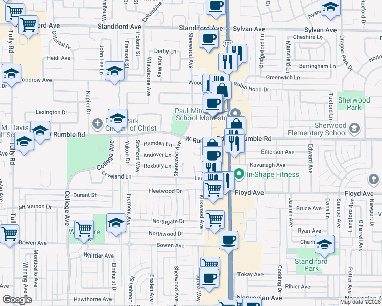 map of restaurants, bars, coffee shops, grocery stores, and more near 2852 Sherwood Avenue in Modesto
