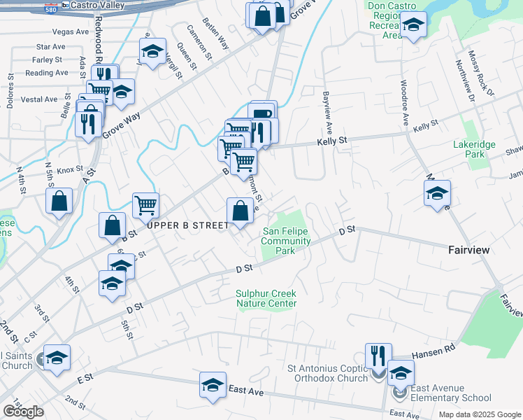 map of restaurants, bars, coffee shops, grocery stores, and more near 22782 Vermont Street in Hayward