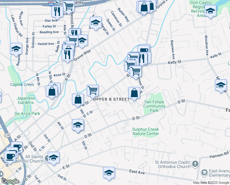 map of restaurants, bars, coffee shops, grocery stores, and more near 22620 Linden Street in Hayward