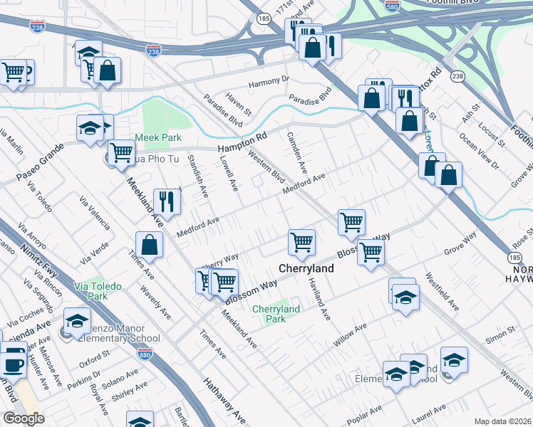 map of restaurants, bars, coffee shops, grocery stores, and more near 344 Medford Avenue in Hayward
