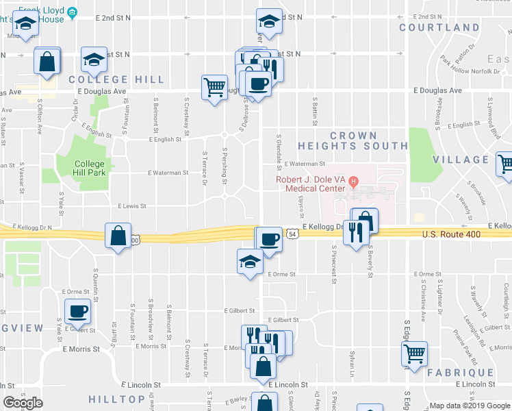 map of restaurants, bars, coffee shops, grocery stores, and more near 4719 East Lewis Street in Wichita