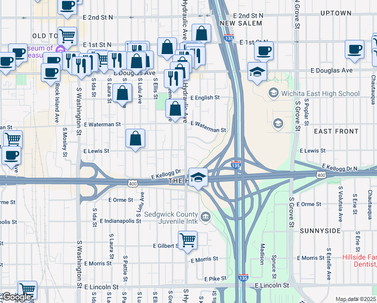 map of restaurants, bars, coffee shops, grocery stores, and more near in Wichita