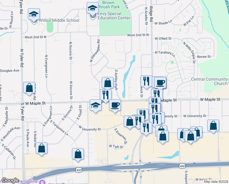 map of restaurants, bars, coffee shops, grocery stores, and more near 202 South Ashley Park Court in Wichita