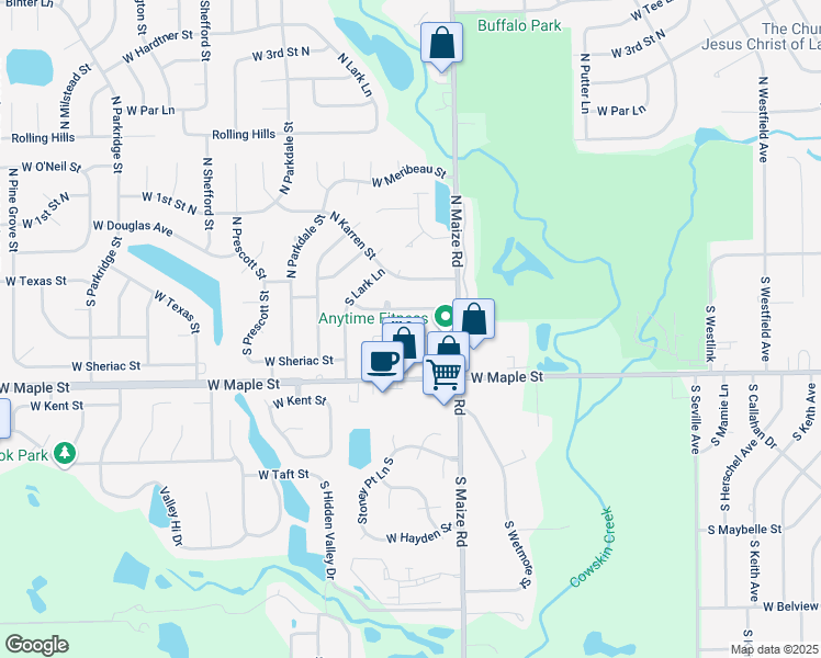map of restaurants, bars, coffee shops, grocery stores, and more near 10514 West Texas Street in Wichita