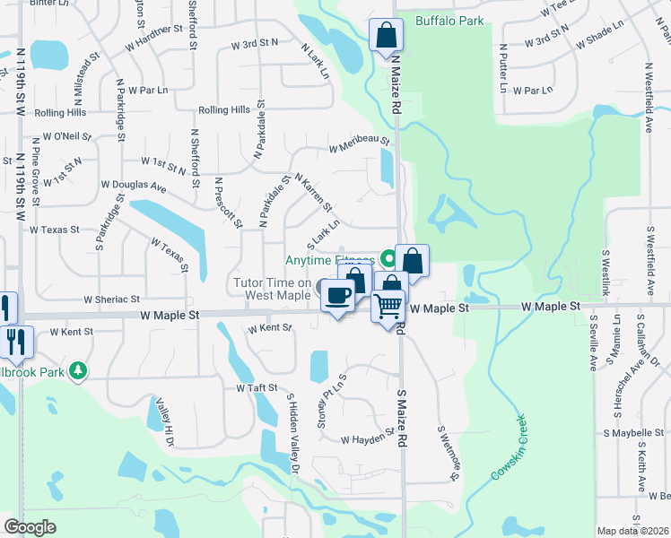 map of restaurants, bars, coffee shops, grocery stores, and more near 10708 West Texas Street in Wichita