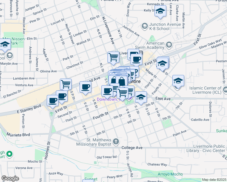 map of restaurants, bars, coffee shops, grocery stores, and more near 2017 First Street in Livermore