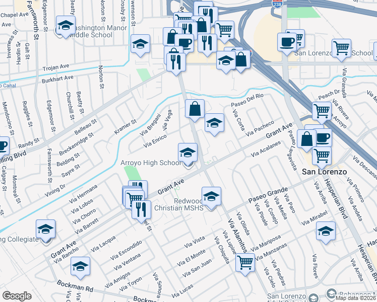 map of restaurants, bars, coffee shops, grocery stores, and more near 15701 Lorenzo Avenue in San Lorenzo