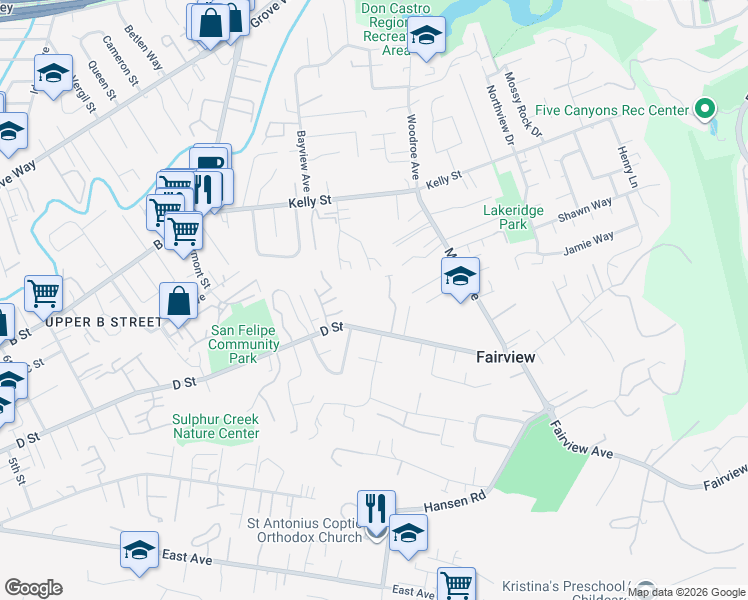 map of restaurants, bars, coffee shops, grocery stores, and more near 2492 D Street in Hayward