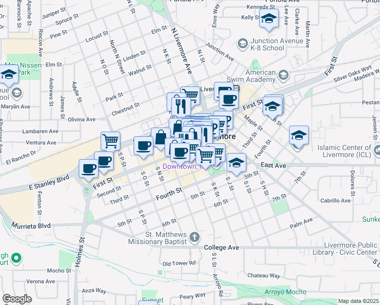 map of restaurants, bars, coffee shops, grocery stores, and more near 2017 First Street in Livermore