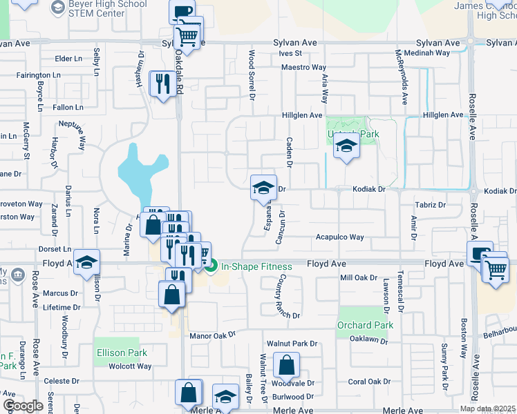 map of restaurants, bars, coffee shops, grocery stores, and more near 2812 Orchard Park Way in Modesto