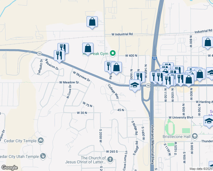 map of restaurants, bars, coffee shops, grocery stores, and more near 171 College Way in Cedar City