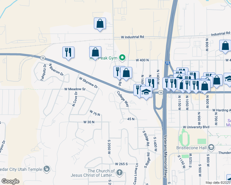 map of restaurants, bars, coffee shops, grocery stores, and more near 171 College Way in Cedar City