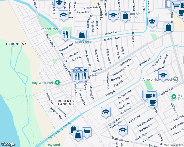 map of restaurants, bars, coffee shops, grocery stores, and more near 1562 Randy Street in San Leandro