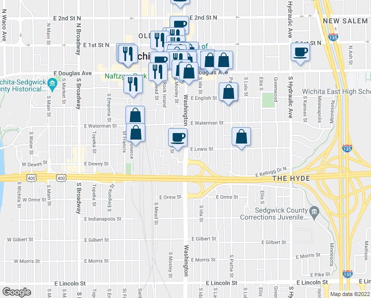 map of restaurants, bars, coffee shops, grocery stores, and more near 407 Washington in Wichita