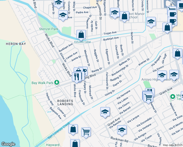 map of restaurants, bars, coffee shops, grocery stores, and more near 1562 Randy Street in San Leandro