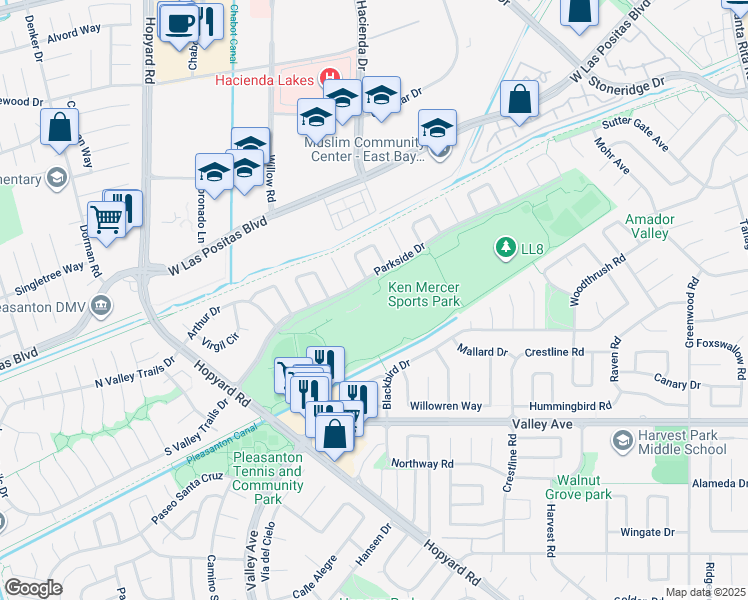map of restaurants, bars, coffee shops, grocery stores, and more near 5800 Parkside Drive in Pleasanton